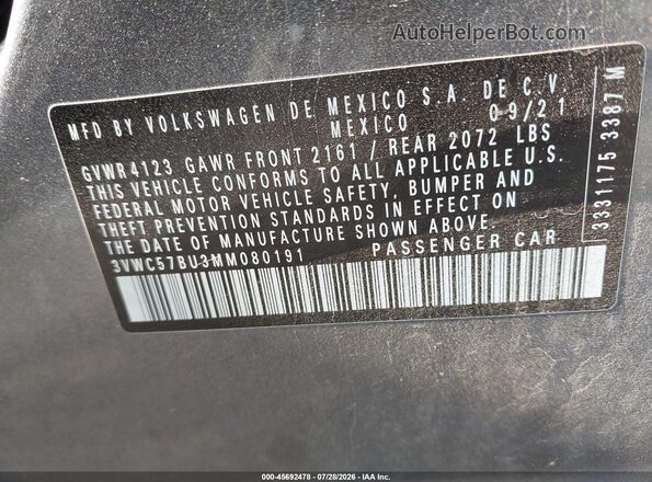 3VWC57BU3MM080191 2021 VOLKSWAGEN JETTA Gray Widok komory silnika