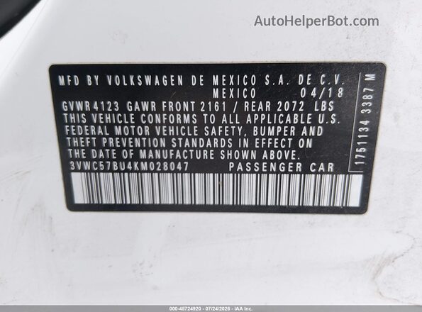 3VWC57BU4KM028047 2019 VOLKSWAGEN JETTA White Vista del compartimento del motor