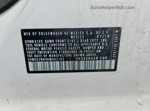 3VWC57BU4KM062103 2019 VOLKSWAGEN JETTA White Շարժիչի բաժամունքի տեսք