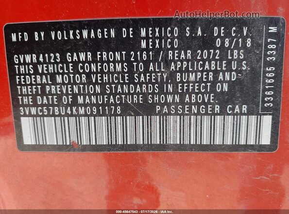 3VWC57BU4KM091178 2019 VOLKSWAGEN JETTA Orange Engine compartment view