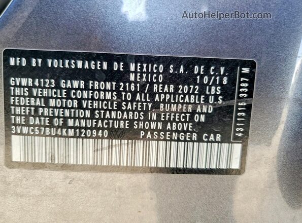 3VWC57BU4KM120940 2019 VOLKSWAGEN JETTA Charcoal Widok komory silnika