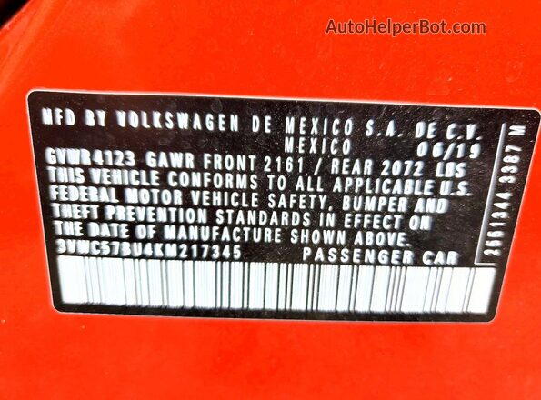 3VWC57BU4KM217345 2019 VOLKSWAGEN JETTA Оранжевый Вид подкапотного пространства