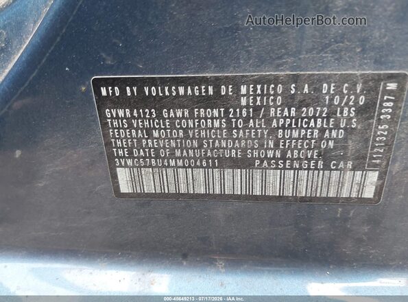 3VWC57BU4MM004611 2021 VOLKSWAGEN JETTA Blue Engine compartment view