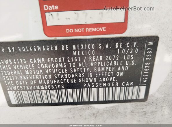 3VWC57BU4MM008108 2021 VOLKSWAGEN JETTA White Вид підкапотного простору