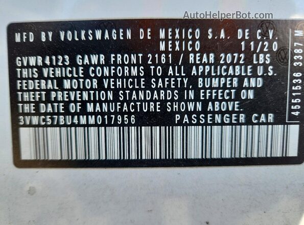 3VWC57BU4MM017956 2021 VOLKSWAGEN JETTA White Вид наклейки з VIN-кодом
