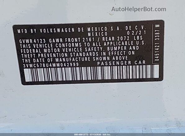 3VWC57BU4MM042999 2021 VOLKSWAGEN JETTA White Widok komory silnika