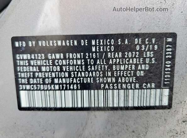3VWC57BU5KM171461 2019 VOLKSWAGEN JETTA Silver Engine compartment view