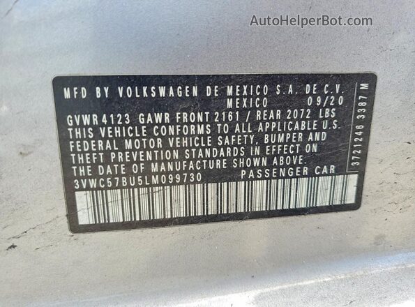 3VWC57BU5LM099730 2020 VOLKSWAGEN JETTA Серебряный Вид наклейки с VIN-кодом