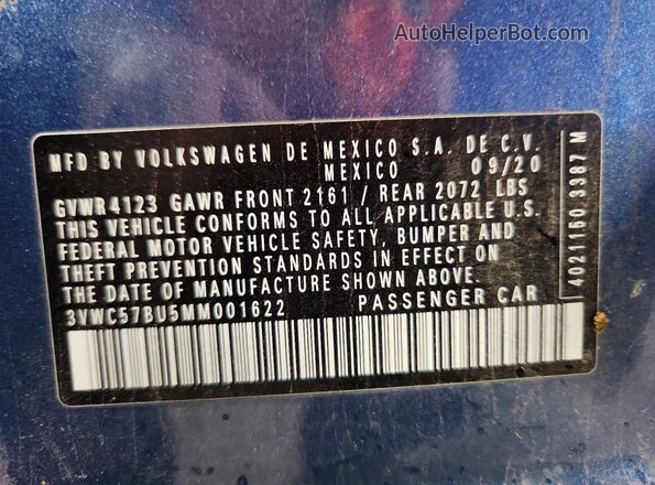 3VWC57BU5MM001622 2021 VOLKSWAGEN JETTA Blue Շարժիչի բաժամունքի տեսք