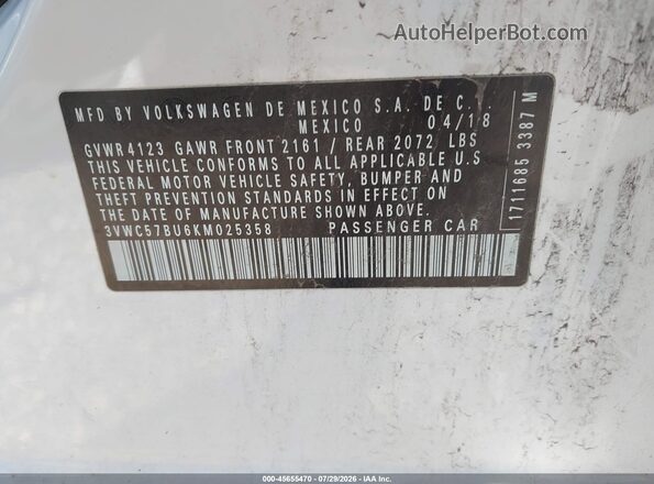 3VWC57BU6KM025358 2019 VOLKSWAGEN JETTA White Вид підкапотного простору
