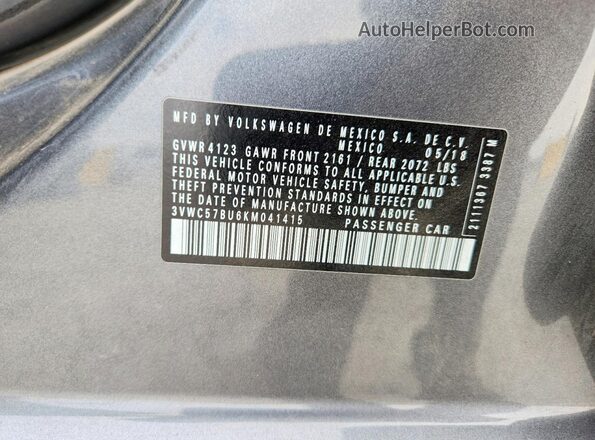 3VWC57BU6KM041415 2019 VOLKSWAGEN JETTA Gray VIN sticker view