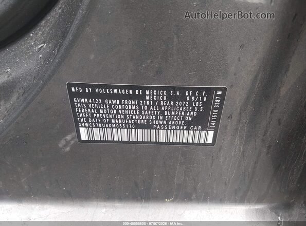 3VWC57BU6KM055170 2019 VOLKSWAGEN JETTA Gray Widok komory silnika