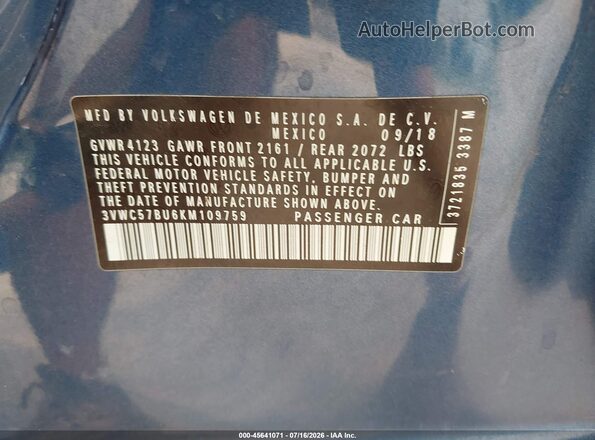3VWC57BU6KM109759 2019 VOLKSWAGEN JETTA Синий Вид подкапотного пространства