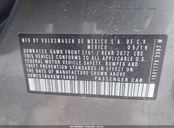 3VWC57BU6KM194862 2019 VOLKSWAGEN JETTA Gray ძრავის განყოფილების ხედი