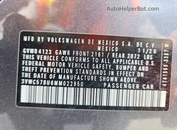 3VWC57BU6MM022950 2021 VOLKSWAGEN JETTA Gray Вид підкапотного простору