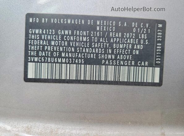 3VWC57BU6MM037495 2021 VOLKSWAGEN JETTA Silver Widok naklejki z numerem VIN