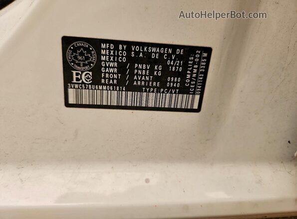 3VWC57BU6MM061814 2021 VOLKSWAGEN JETTA White VIN sticker view