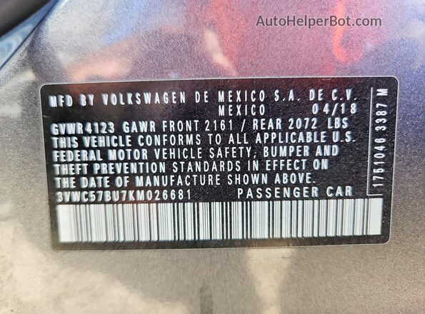 3VWC57BU7KM026681 2019 VOLKSWAGEN JETTA Серый Вид подкапотного пространства