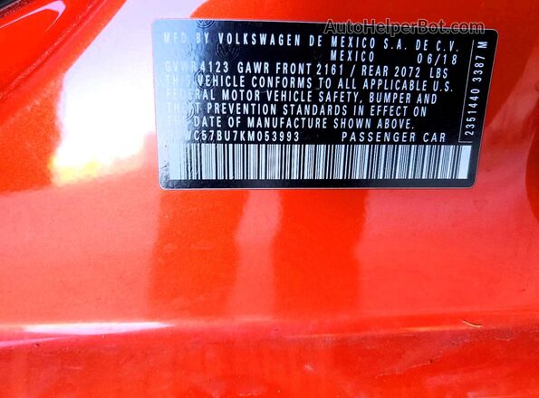 3VWC57BU7KM053993 2019 VOLKSWAGEN JETTA Оранжевый Вид наклейки с VIN-кодом