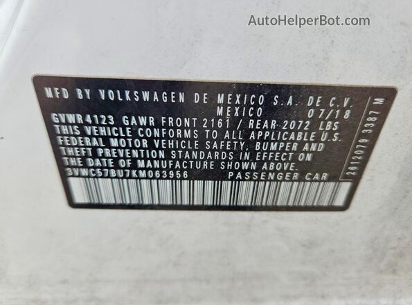 3VWC57BU7KM063956 2019 VOLKSWAGEN JETTA White VIN sticker view