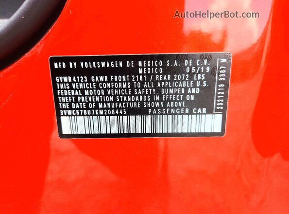 3VWC57BU7KM208445 2019 VOLKSWAGEN JETTA Оранжевый Вид подкапотного пространства