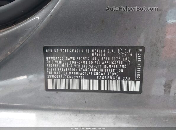 3VWC57BU7KM229733 2019 VOLKSWAGEN JETTA Gray Engine compartment view