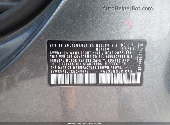 3VWC57BU7KM248475 2019 VOLKSWAGEN JETTA Серый Вид подкапотного пространства