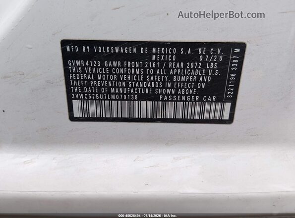 3VWC57BU7LM079138 2020 VOLKSWAGEN JETTA White Widok komory silnika