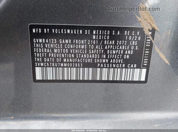 3VWC57BU7MM002853 2021 VOLKSWAGEN JETTA Gray Vista del compartimento del motor