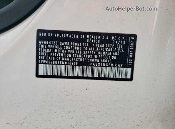 3VWC57BU8KM018265 2019 VOLKSWAGEN JETTA White VIN sticker view