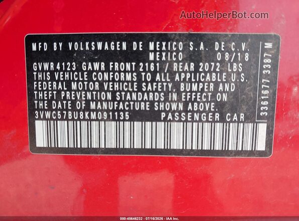 3VWC57BU8KM091135 2019 VOLKSWAGEN JETTA Red ძრავის განყოფილების ხედი