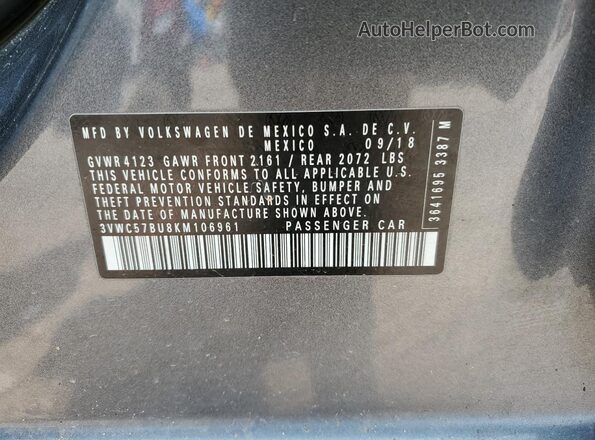 3VWC57BU8KM106961 2019 VOLKSWAGEN JETTA Charcoal VIN կոդի պիտակի տեսք