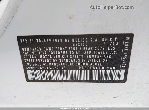 3VWC57BU8KM130113 2019 VOLKSWAGEN JETTA White Engine compartment view