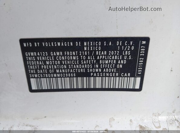 3VWC57BU8MM029866 2021 VOLKSWAGEN JETTA White ძრავის განყოფილების ხედი