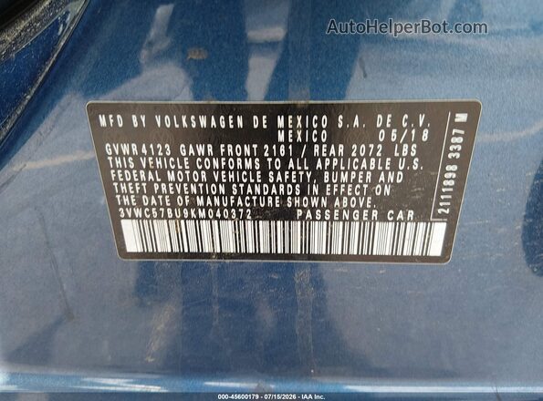 3VWC57BU9KM040372 2019 VOLKSWAGEN JETTA Синий Вид подкапотного пространства