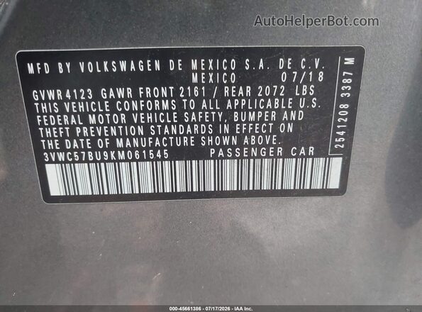 3VWC57BU9KM061545 2019 VOLKSWAGEN JETTA Gray Вид підкапотного простору