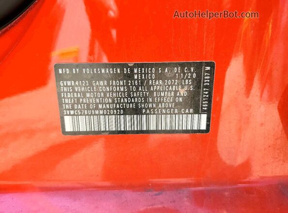 3VWC57BU9MM020920 2021 VOLKSWAGEN JETTA Orange Widok komory silnika