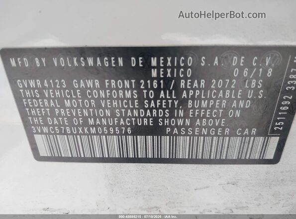 3VWC57BUXKM059576 2019 VOLKSWAGEN JETTA Белый Вид подкапотного пространства
