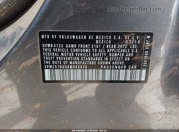 3VWC57BUXKM063076 2019 VOLKSWAGEN JETTA Gray Engine compartment view