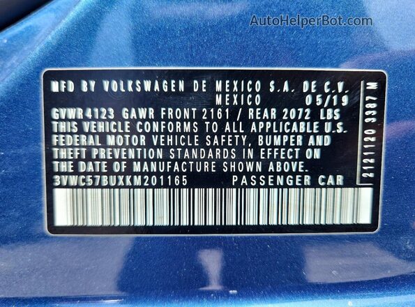 3VWC57BUXKM201165 2019 VOLKSWAGEN JETTA Blue Widok komory silnika