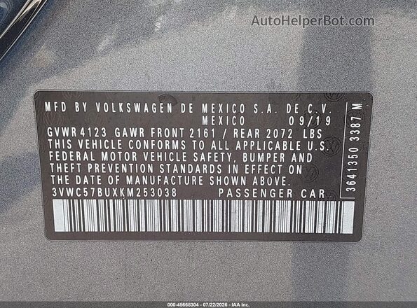 3VWC57BUXKM253038 2019 VOLKSWAGEN JETTA Gray Вид підкапотного простору