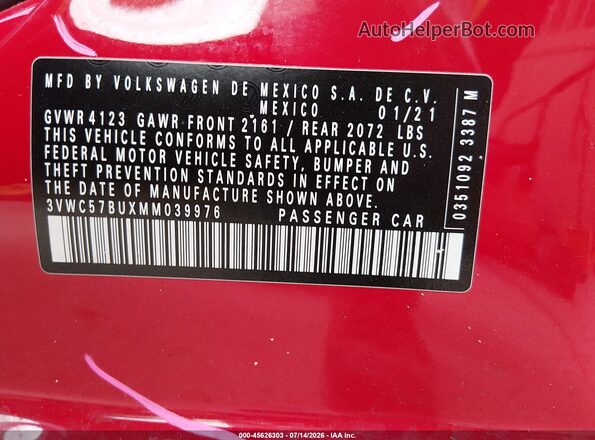 3VWC57BUXMM039976 2021 VOLKSWAGEN JETTA Red ძრავის განყოფილების ხედი