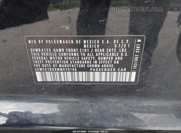 3VWC57BUXMM070158 2021 VOLKSWAGEN JETTA Black Вид підкапотного простору