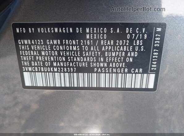3VWCB7BU0KM228397 2019 VOLKSWAGEN JETTA Gray Widok komory silnika