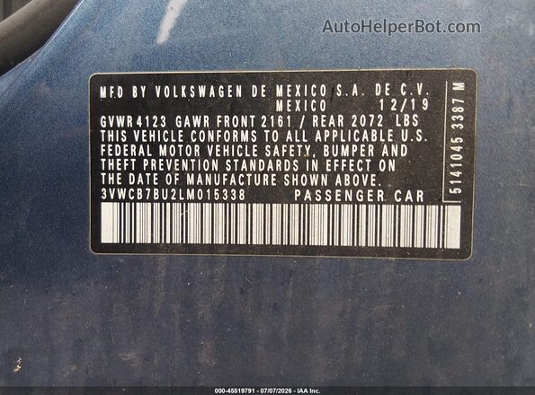 3VWCB7BU2LM015338 2020 VOLKSWAGEN JETTA Blue ძრავის განყოფილების ხედი