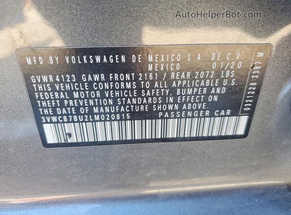 3VWCB7BU2LM020815 2020 VOLKSWAGEN JETTA Серый Вид наклейки с VIN-кодом