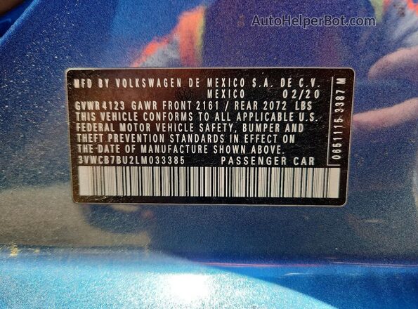 3VWCB7BU2LM033385 2020 VOLKSWAGEN JETTA Blue Вид підкапотного простору