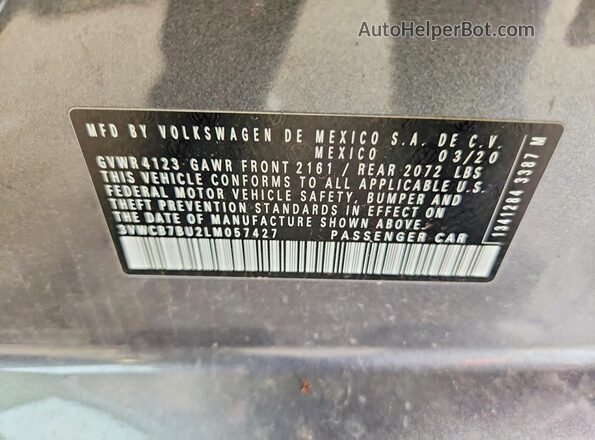 3VWCB7BU2LM057427 2020 VOLKSWAGEN JETTA Charcoal ძრავის განყოფილების ხედი