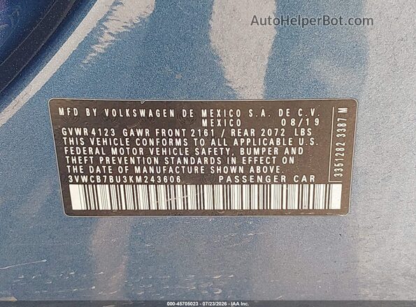 3VWCB7BU3KM243606 2019 VOLKSWAGEN JETTA Blue Widok komory silnika