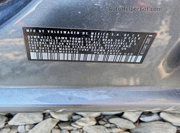 3VWCB7BU3LM034478 2020 VOLKSWAGEN JETTA Gray VIN კოდის სტიკერის ხედი